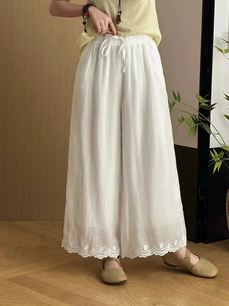 Summer Vintage Ramie Embroidered Elastic Waist Lace-Up Pants Sensitive Skin Sweat Free