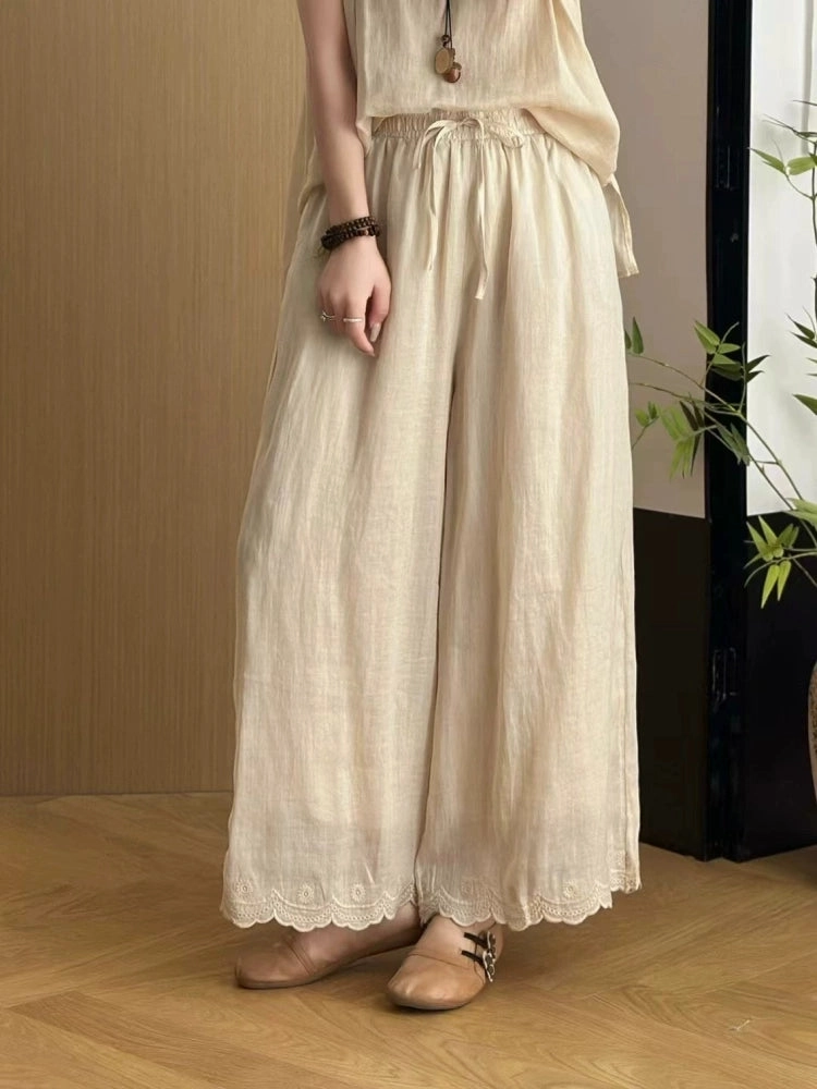 Snag Proof Summer Vintage Ramie Embroidered Elastic Waist Lace-Up Pants