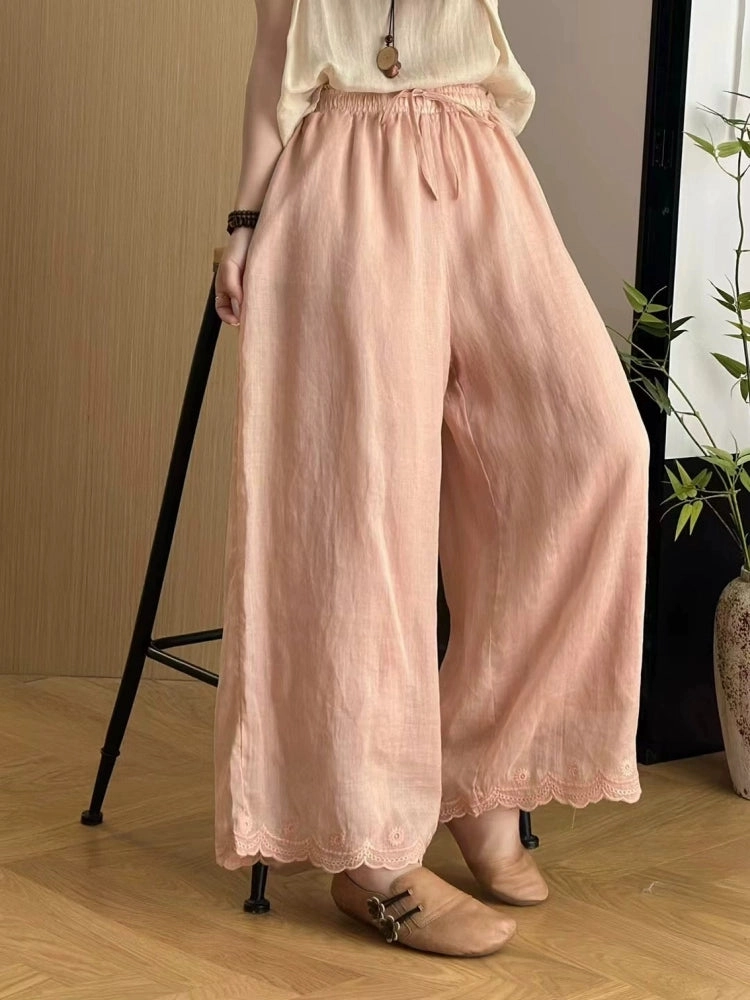 Abrasion Proof anti-odor Summer Vintage Ramie Embroidered Elastic Waist Lace-Up Pants