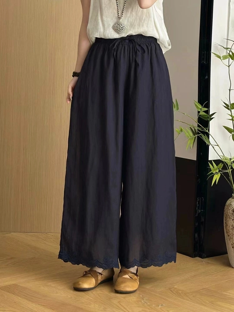 Unrestricted Fit Summer Vintage Ramie Embroidered Elastic Waist Lace-Up Pants