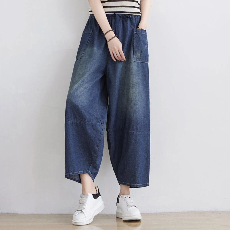 Women Spring Summer Retro Loose Denim Pants Reinforced Stitching No Tightness