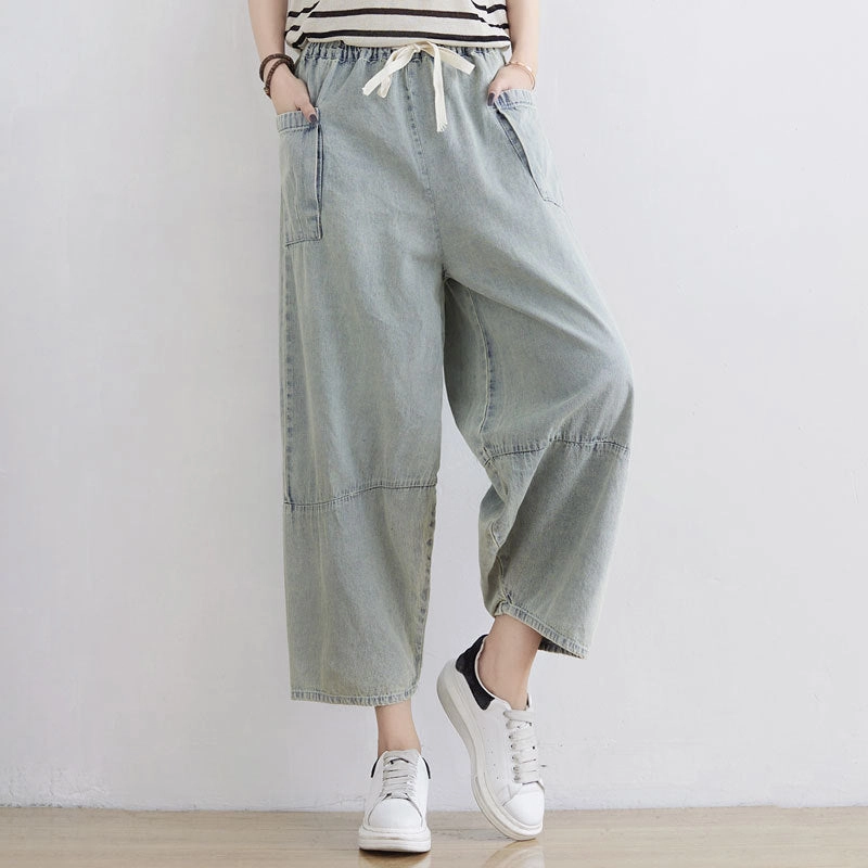Women Spring Summer Retro Loose Denim Pants Secure Pockets