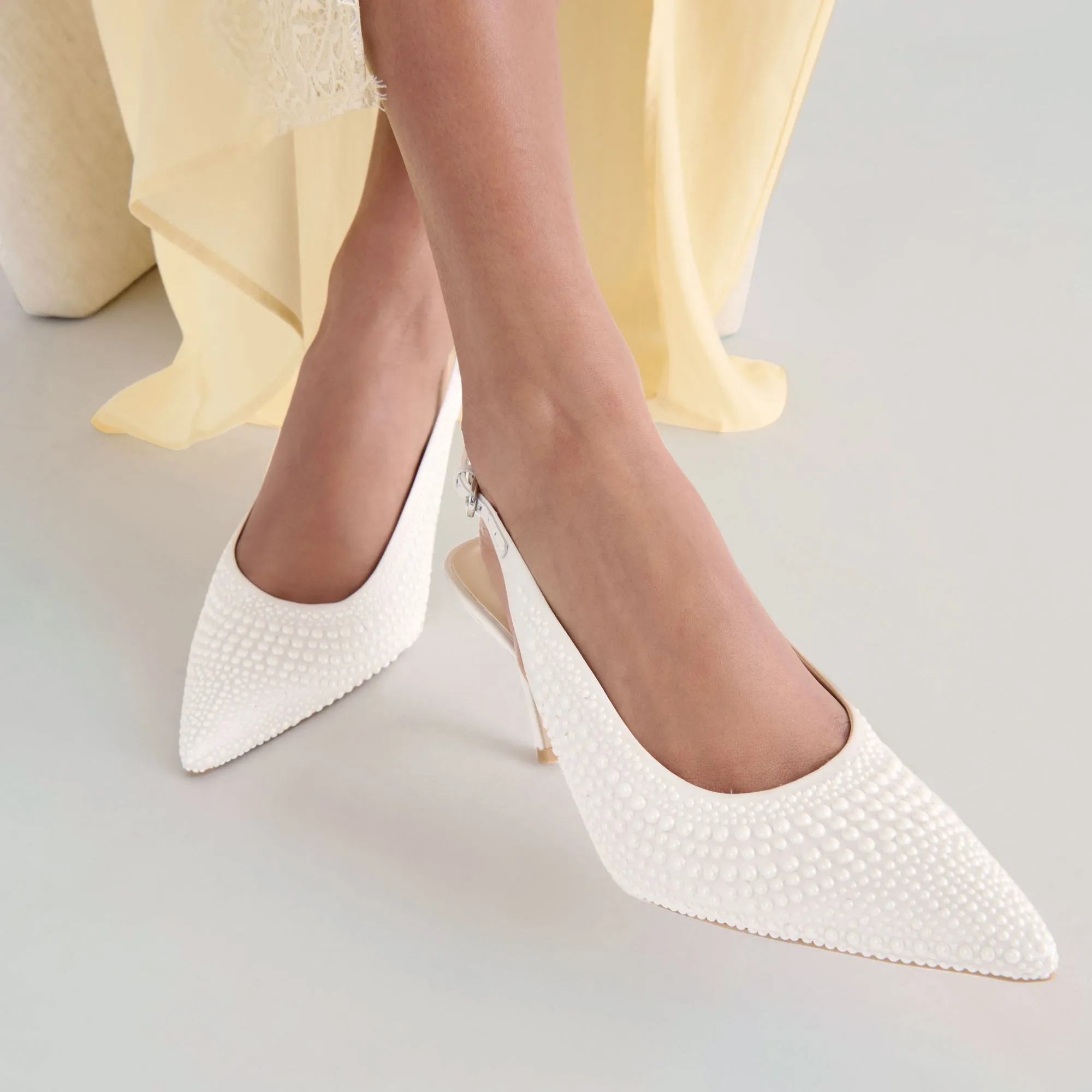 Seamless Fit Iconic Footwear ELASI PEARL HEELS TRUE WHITE SATIN