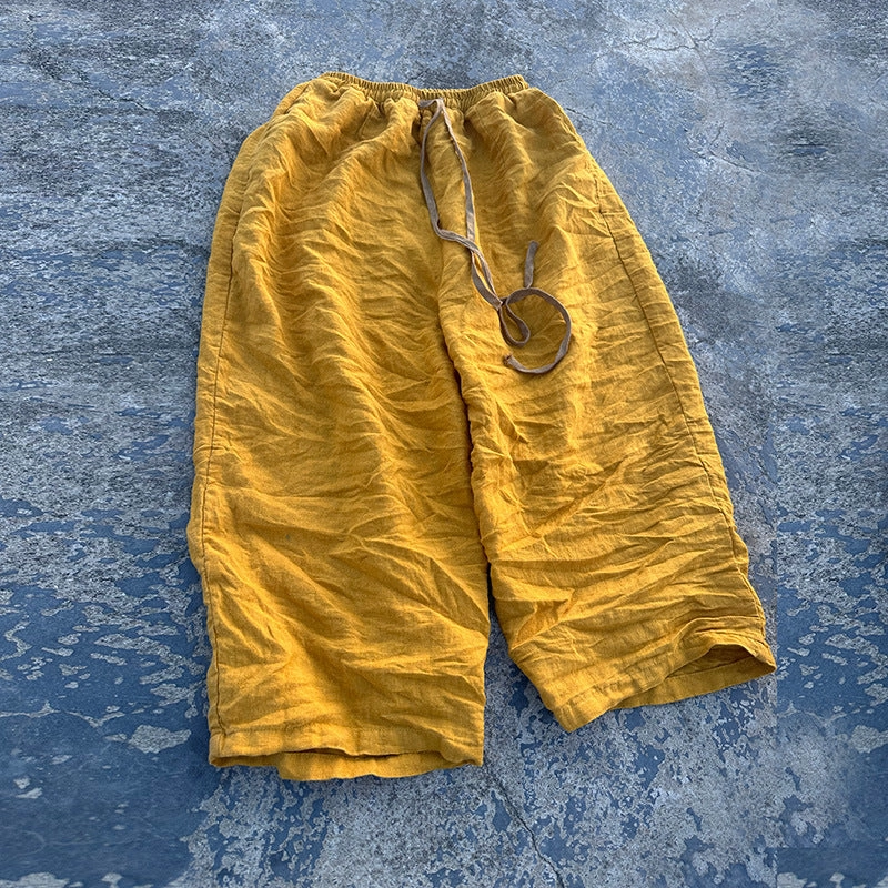 Smooth Lining Flexible Fit Babakud Retro Linen Washed Loose Casual Elastic Waist Pants