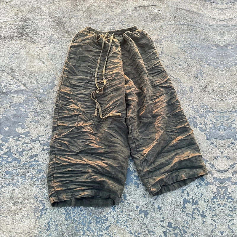 Babakud Retro Linen Washed Loose Casual Elastic Waist Pants Crease Resistant Light Build