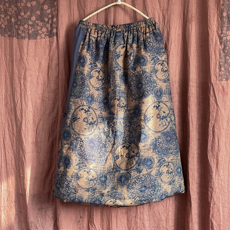 Non-restrictive Enduring Comfort Ethnic Printed Slit Warm Padded Cotton Linen Midi Skirt