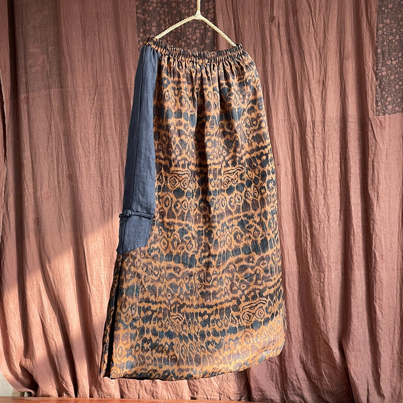 Ultralight Sensitive Skin Ethnic Printed Slit Warm Padded Cotton Linen Midi Skirt