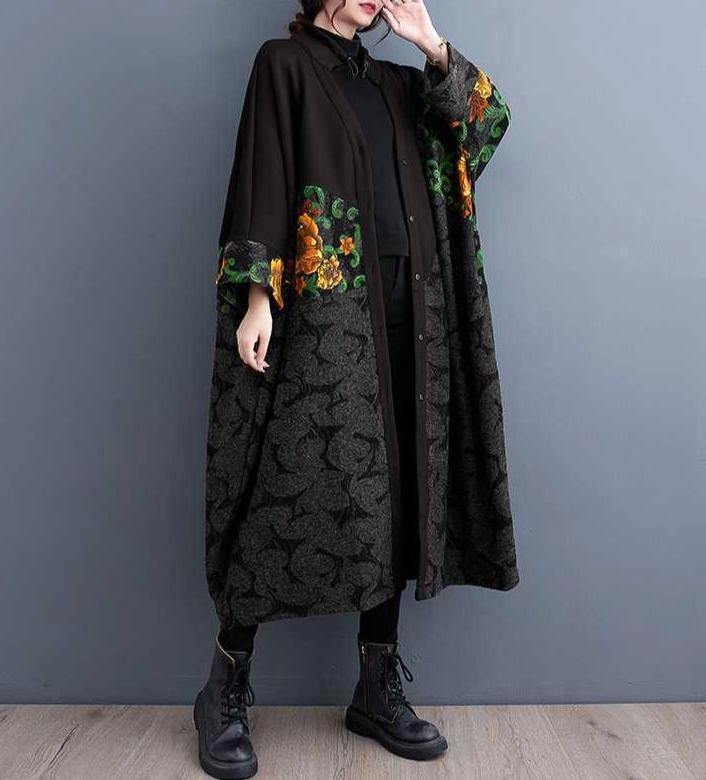 Women Black Trendy Retro Printed Mid-Length Coat Fashion Forward