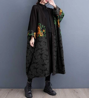 Women Black Trendy Retro Printed Mid-Length Coat Fashion Forward