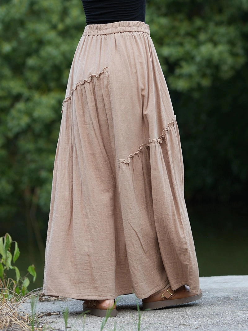 Women Retro Cotton Casual Loose Ruffled Versatile A-Line Skirt Silky texture
