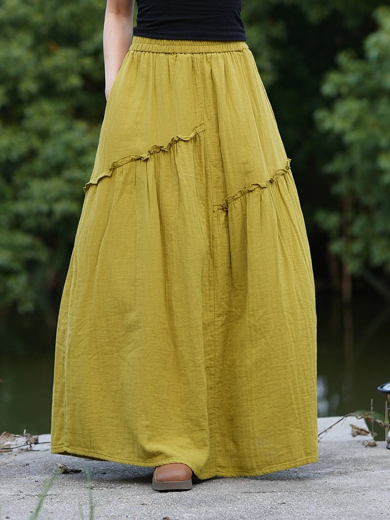 Easy Fit Women Retro Cotton Casual Loose Ruffled Versatile A-Line Skirt