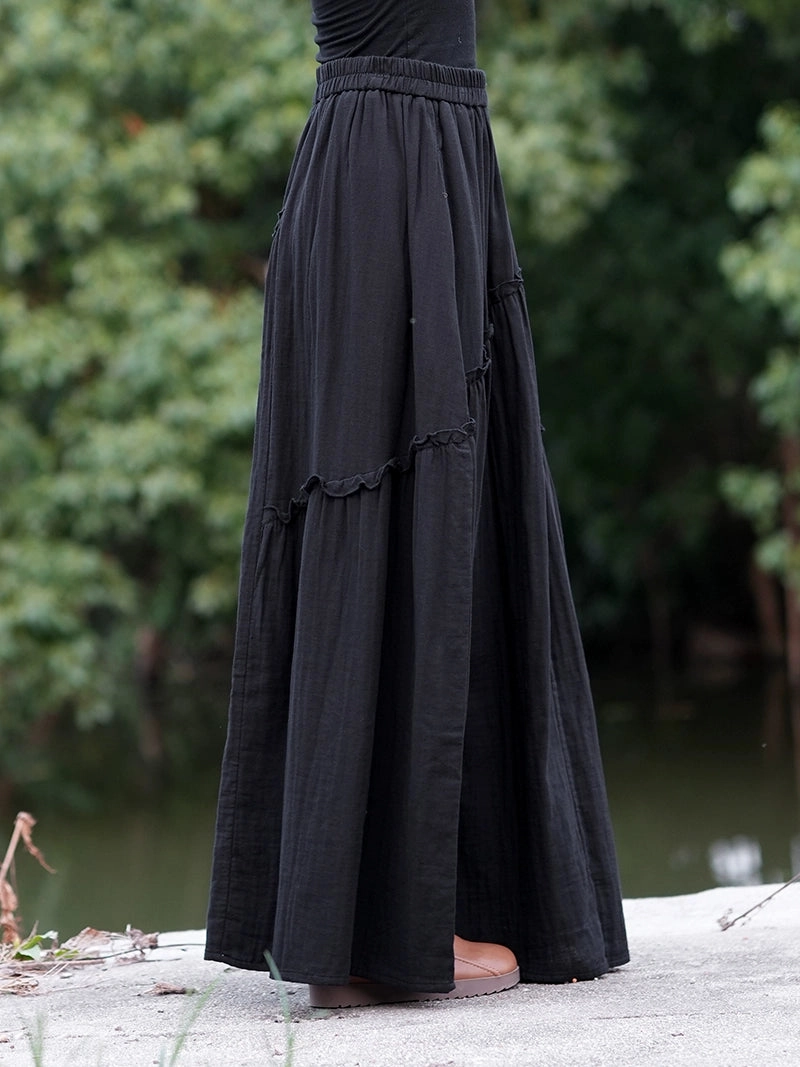 Women Retro Cotton Casual Loose Ruffled Versatile A-Line Skirt Flexible Fabric