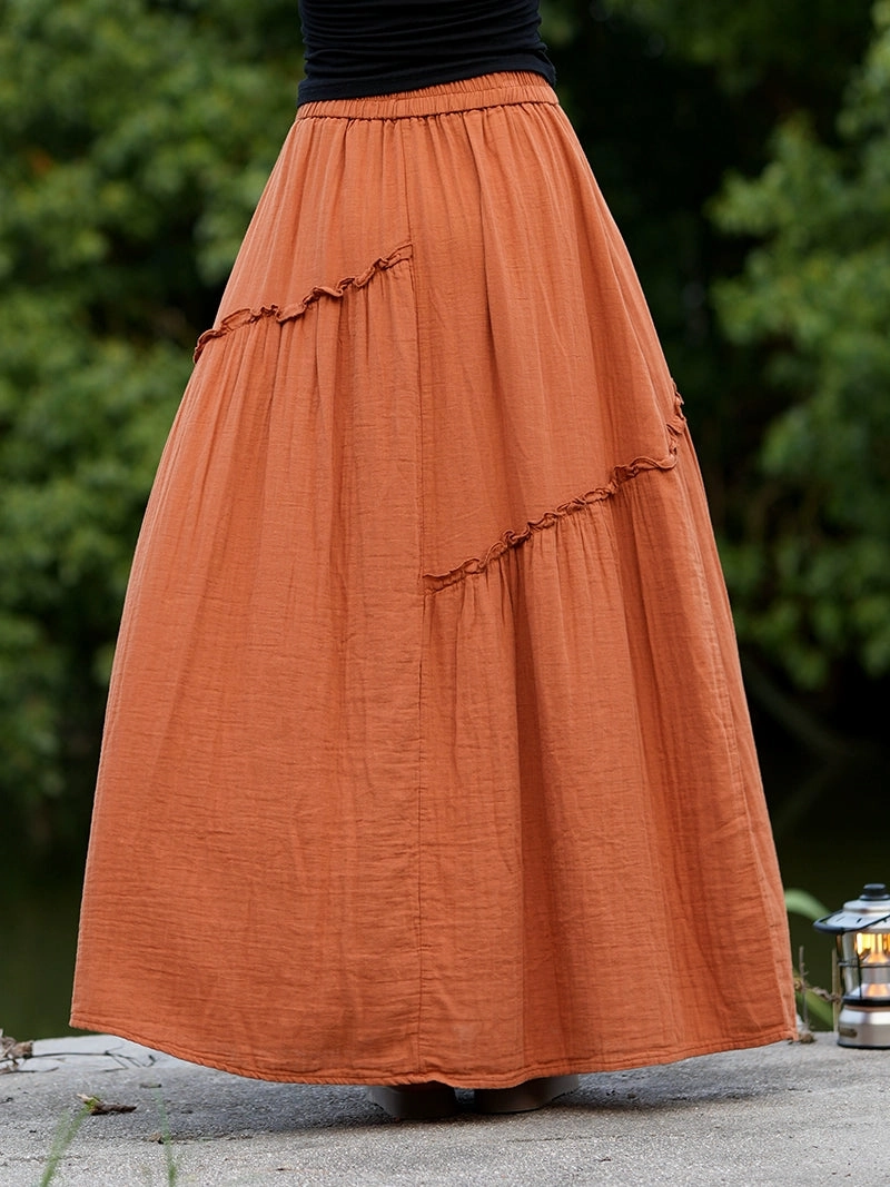 Flexible Fit Safe Pockets Women Retro Cotton Casual Loose Ruffled Versatile A-Line Skirt