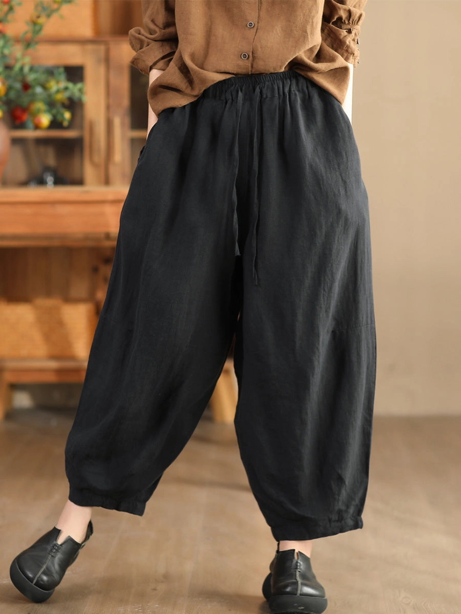 Babakud Women Autumn Retro Loose Solid Colors Hemp Harem Pants Supreme Fit Comfortable Inside