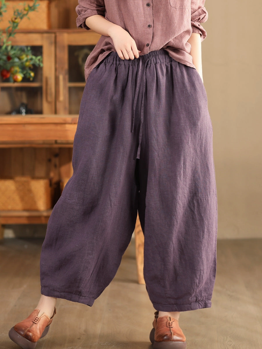 Shrink Free Smooth Finish Babakud Women Autumn Retro Loose Solid Colors Hemp Harem Pants
