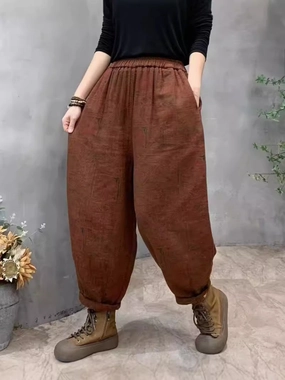 Babakud Women Autumn Retro Printed Cotton Floral Casual Harem Pants Gentle On Skin