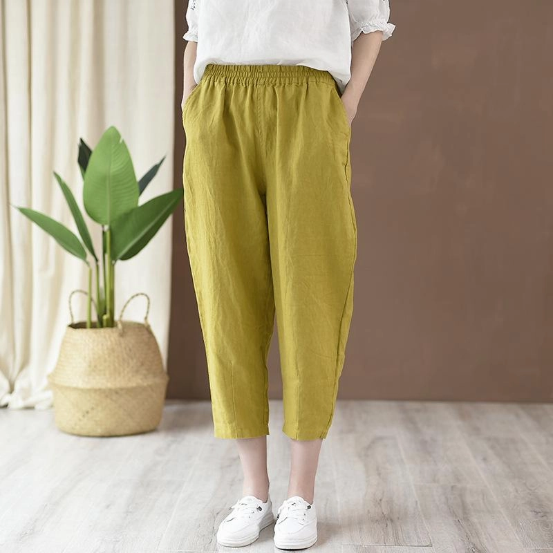 Babakud Women Cotton And Linen Casual Cropped Pants Wrinkle Proof Stretchable Material