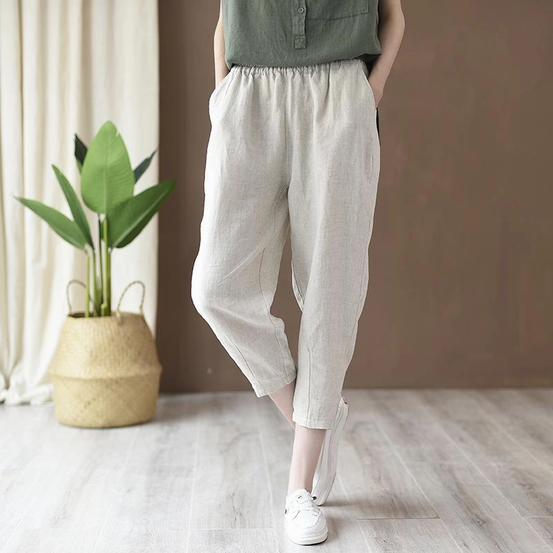 Sweat Absorbing Quality Material Babakud Women Cotton And Linen Casual Cropped Pants