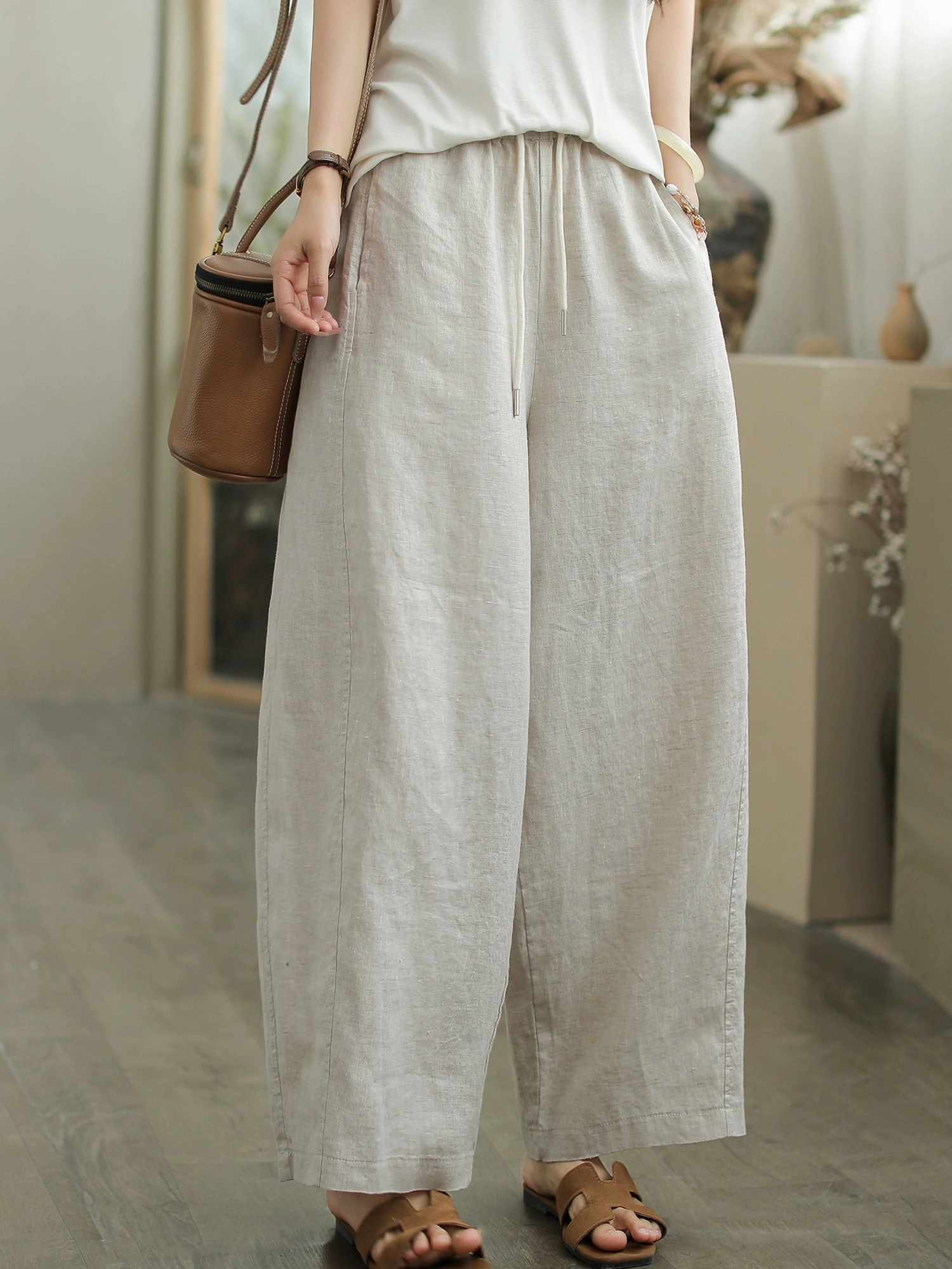 Spring Retro Linen Casual Versatile Elastic Waist Loose Pants Strong Seams Breathable Material