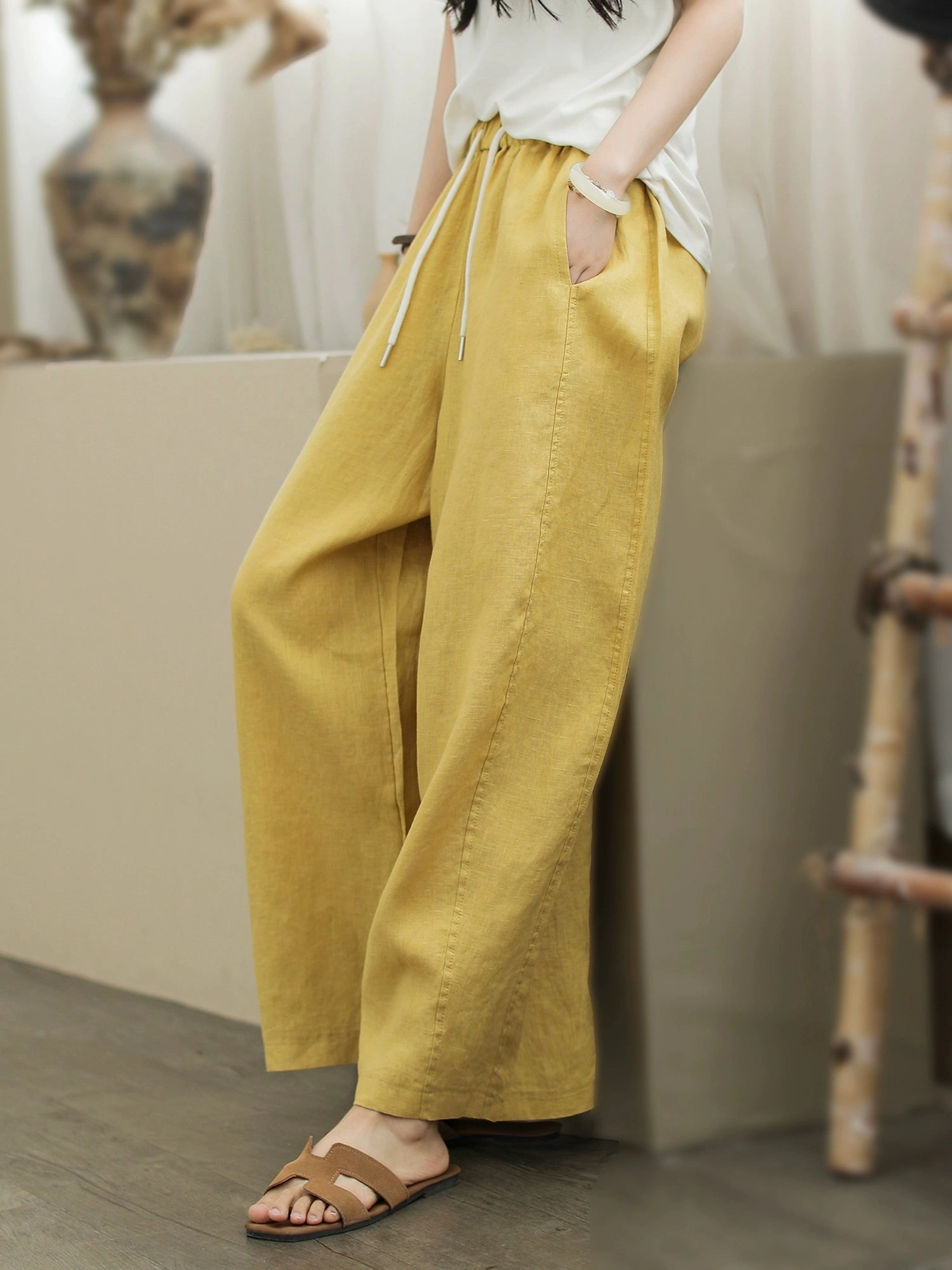 Spring Retro Linen Casual Versatile Elastic Waist Loose Pants Strong Seams