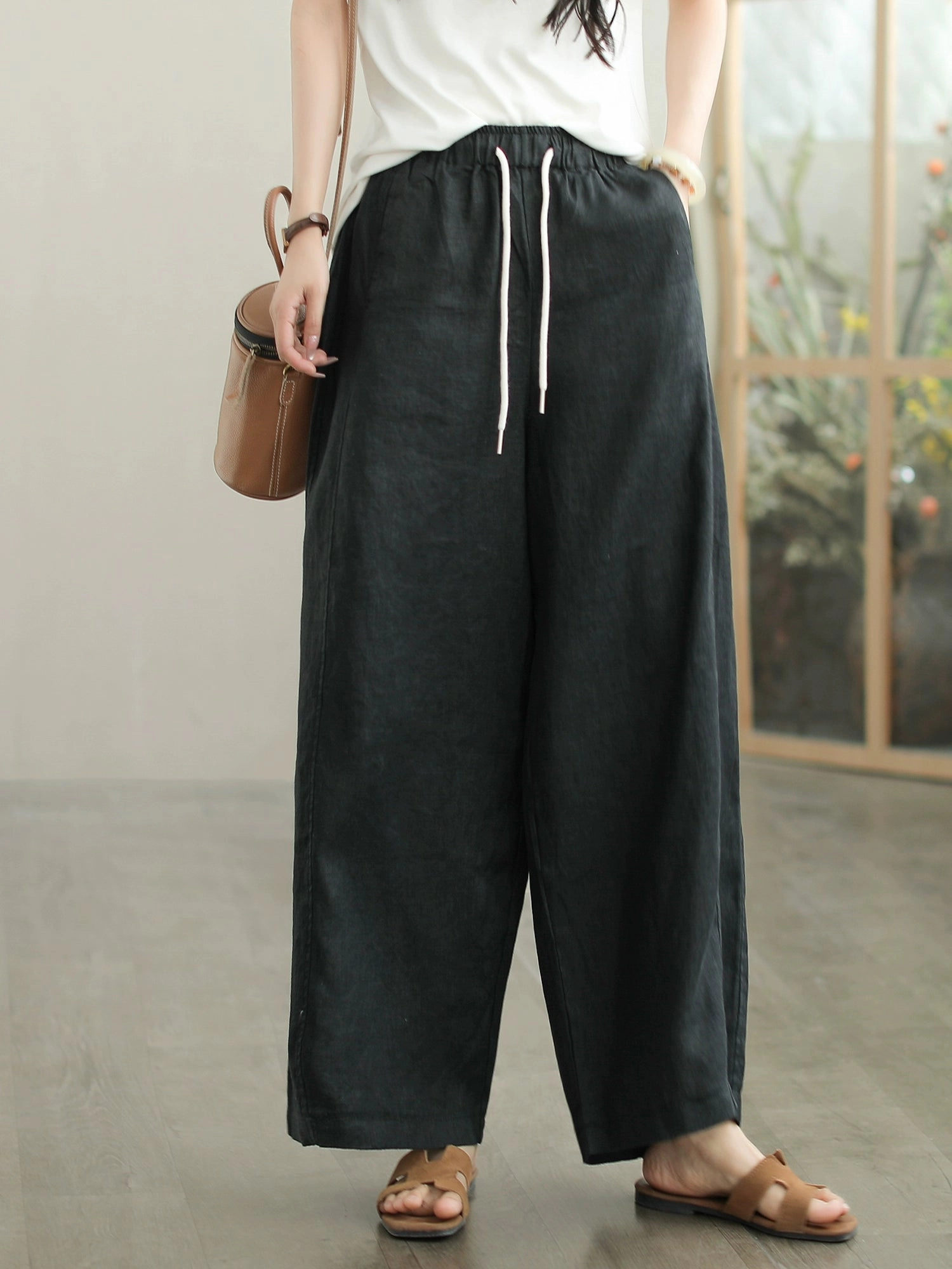 Spring Retro Linen Casual Versatile Elastic Waist Loose Pants Fresh Fabric Climate Control