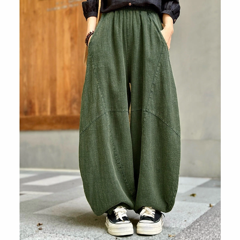 Women Linen Fit Wide Leg Pants Meditation Lantern Trousers Protected Pockets Easy Movement