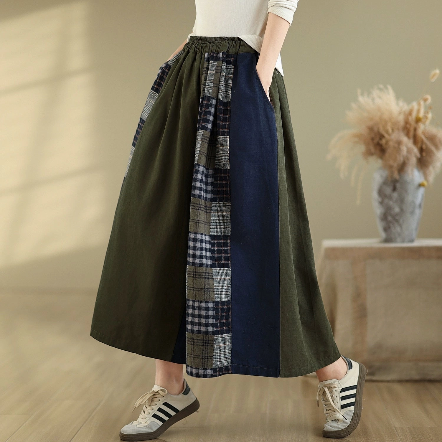 Women Spring Vintage Artistic Cotton Plaid Patchwork Wide-Leg Pants Non-Irritating Fabric