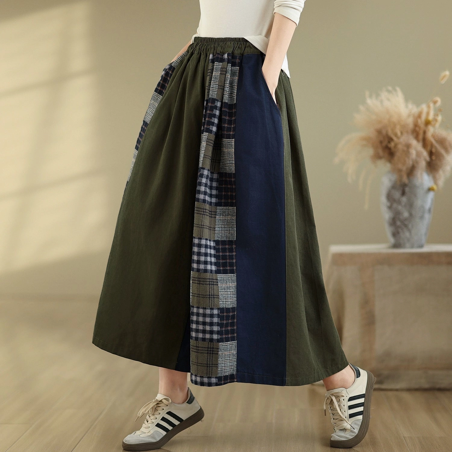 Women Spring Vintage Artistic Cotton Plaid Patchwork Wide-Leg Pants Silky texture