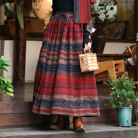 Odor Eliminating Fashion Ethnic Style Printed Contrast Color Cotton Linen Skirt