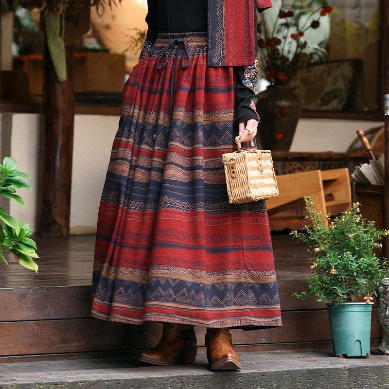 Odor Eliminating Fashion Ethnic Style Printed Contrast Color Cotton Linen Skirt