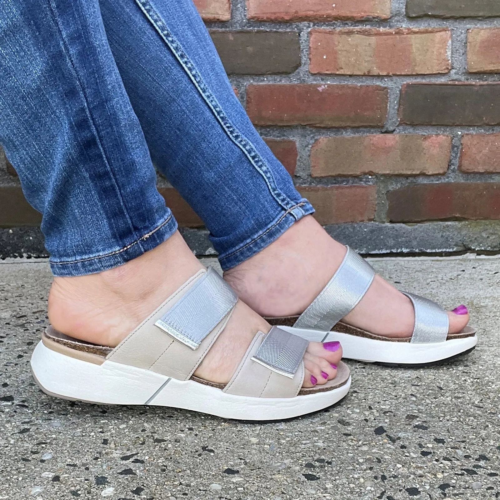 Instant Step Fit Streamlined Naot Calliope Slide Sandal (Women) - Soft Ivory/Soft Silver/Silver Gray Woven