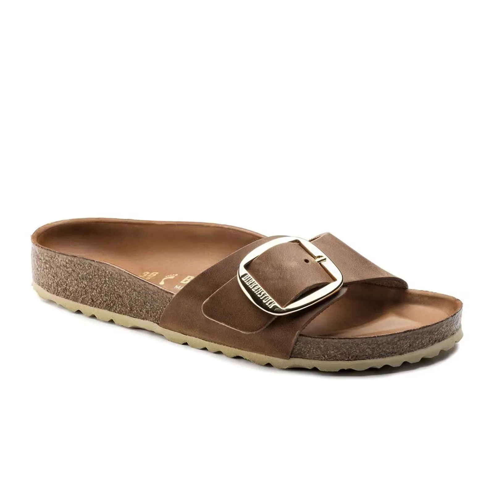 Birkenstock Madrid Big Buckle Narrow Slide Sandal (Women) - Cognac Leather Calm Walk Hand Finish