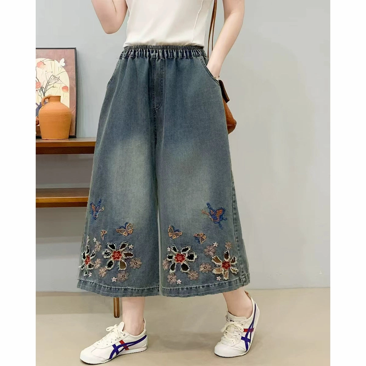Women Retro Denim Embroidered Loose Elastic Waist Pants Velvety Touch Clean Fabric