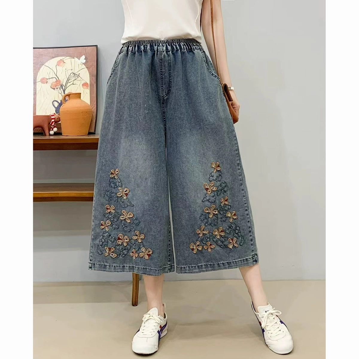 Women Retro Denim Embroidered Loose Elastic Waist Pants Sweat Wicking Daily Comfort