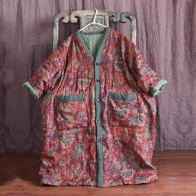 Slim Tailored AbrasionResistant Warm Cozy Thick Vintage Bohemian Floral Quilted Long Cotton Linen Coat