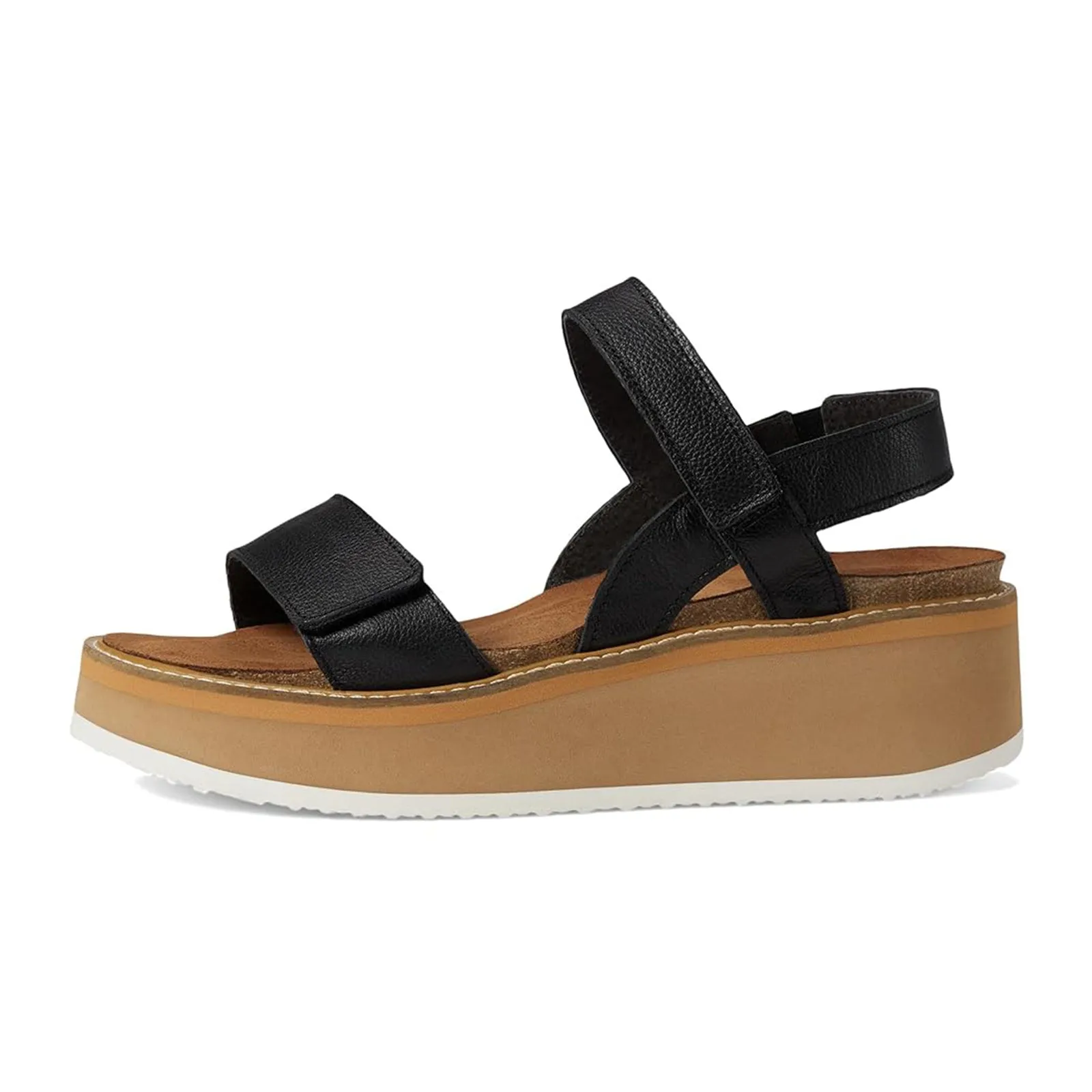 Naot Meringue Wedge Sandal (Woman) - Soft Black Leather with Camel Sole Wedge Heel Cozy Step