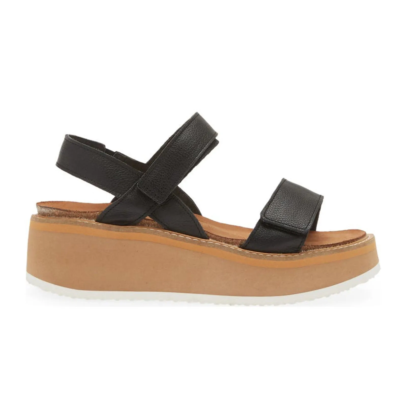 Naot Meringue Wedge Sandal (Woman) - Soft Black Leather with Camel Sole Comfort Solutions