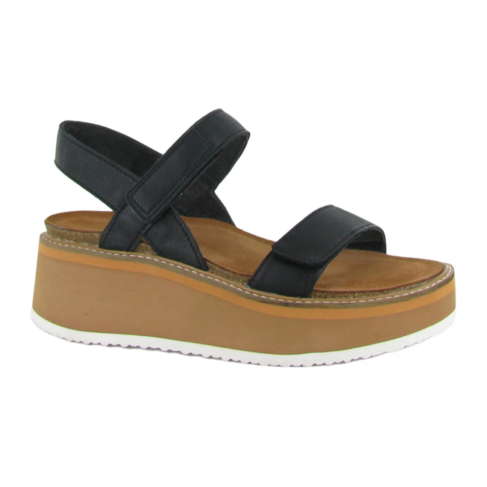 Naot Meringue Wedge Sandal (Woman) - Soft Black Leather with Camel Sole Trendy Functional Features