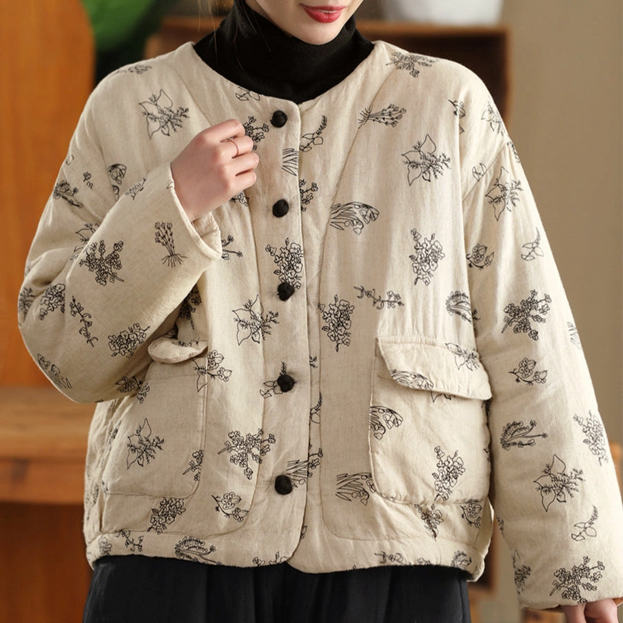 Women Winter Vintage Embroidered Washed Linen Quilted Jacket Elasticized Waist Thermal Insulation