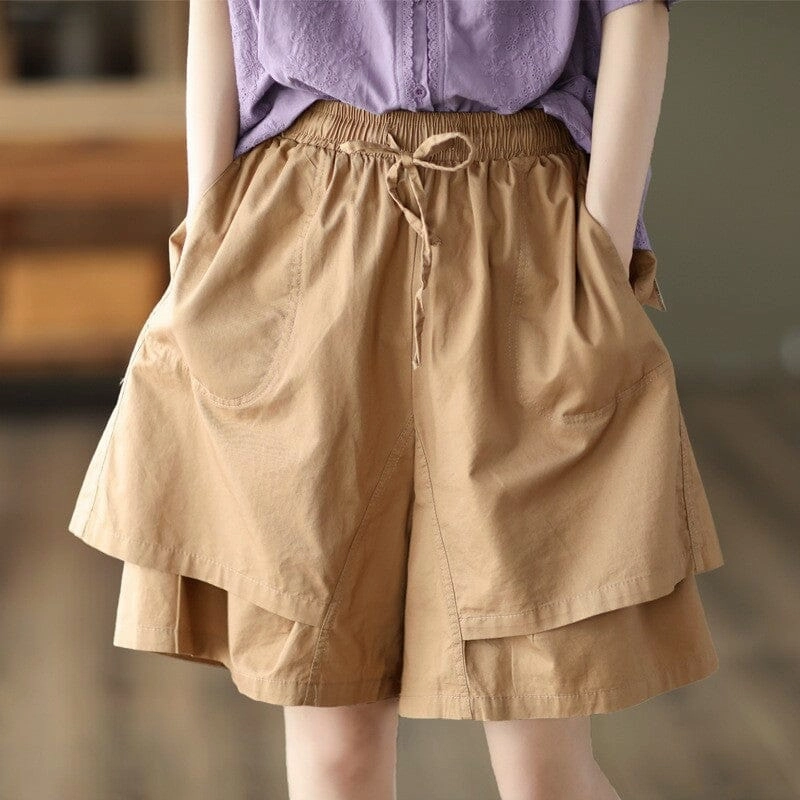 Women Summer Casual Solid Color Double Layered Cotton Shorts Flexible Fit