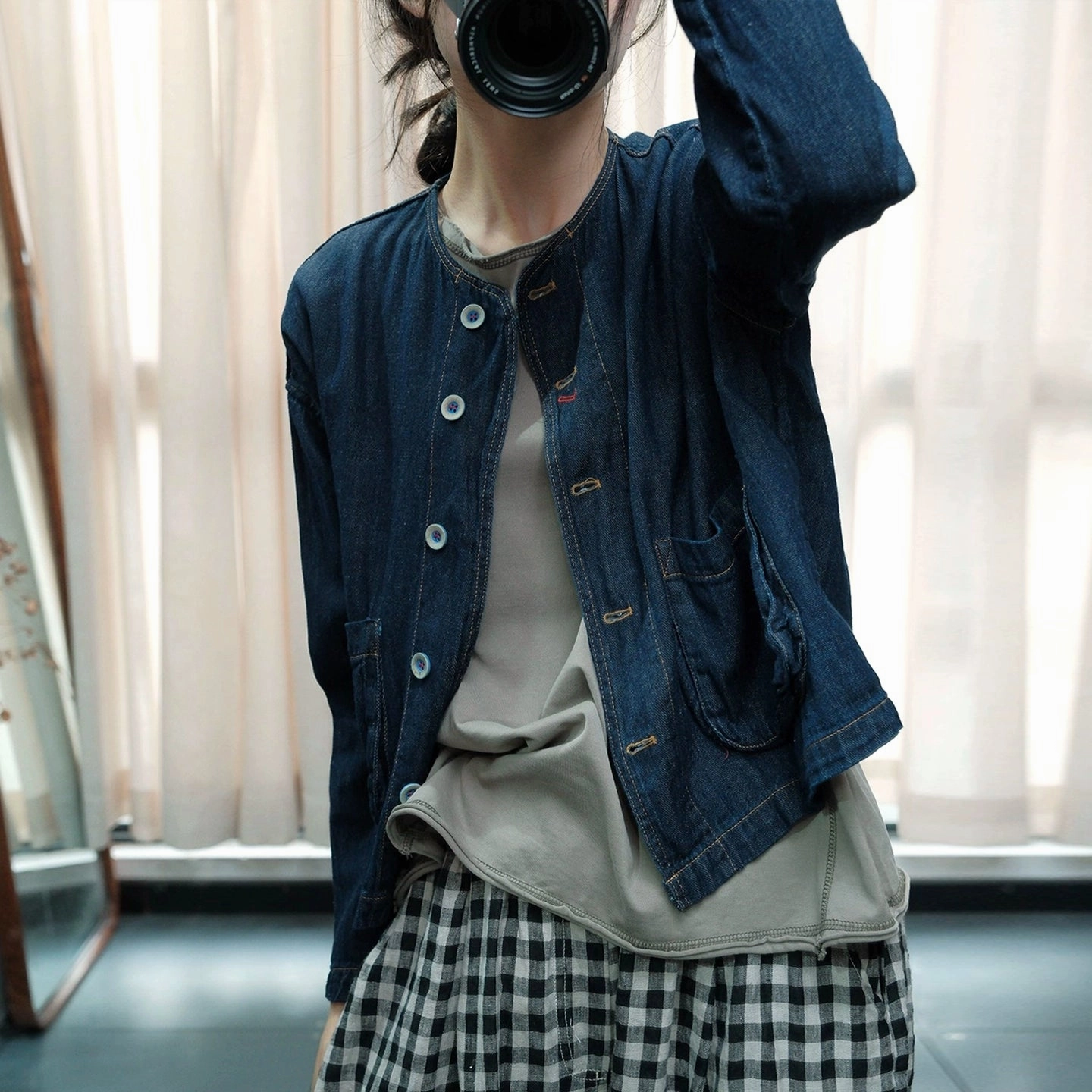 Heavy Duty Buckle Autumn Retro Cotton Denim Round Neck Patchwork Pocket Coat