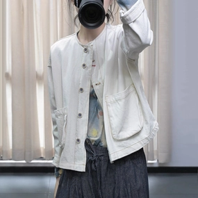 Durable Fabric Autumn Retro Cotton Denim Round Neck Patchwork Pocket Coat