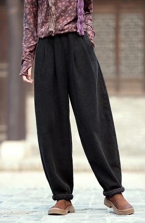 Women Casual Distressed Thickened Warm Cotton Ramie Pants Comfortable Band