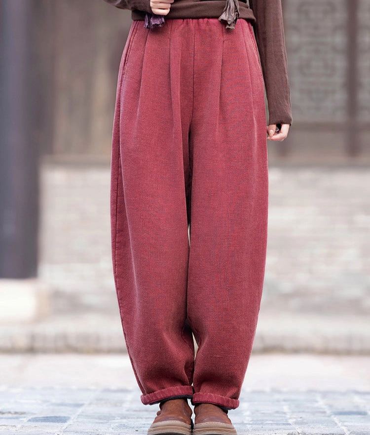 Fade Proof Women Casual Distressed Thickened Warm Cotton Ramie Pants