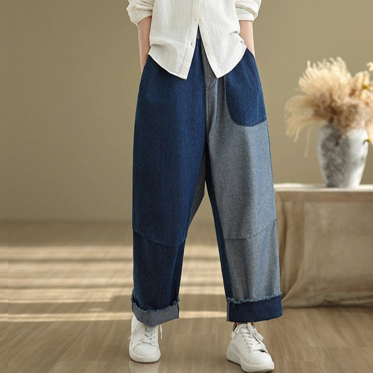 quick dry Sweat Wicking Babakud Women Spring Vintage Patchwork Denim Loose Wide-Leg Pants