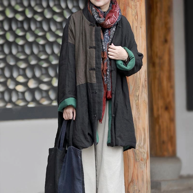 NoiseFreeFabric Notch Lapel Ethnic Retro Winter Cotton Padded Linen Coat