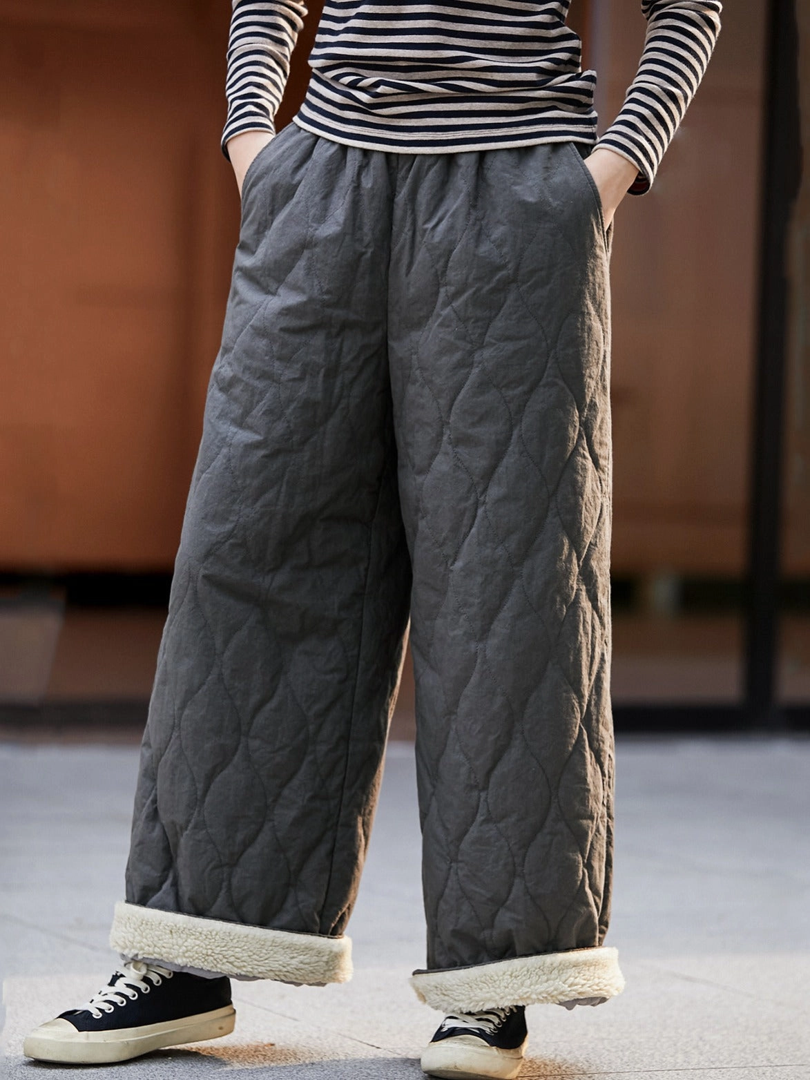 Babakud Women Winter Plus Size Fleece-Lined Quilted Cotton Wide- Leg Pants No Pinching