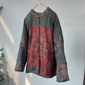 Hypoallergenic Fibers Anti Static Interior Women Traditional Style Retro Printed Padded Linen Cotton Coat