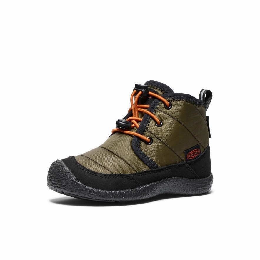 Breathable Rough Trail Hiker Seamless Comfort Weekend Camping Little Kids' Howser II Waterproof Chukka  |  Dark Olive/Gold Flame