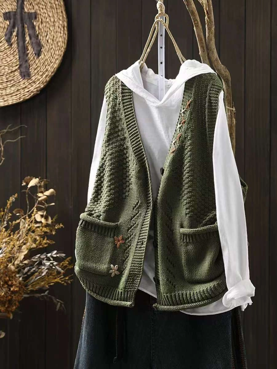 Outdoor Trip Babakud Women Autumn Embroidered Cotton Knitted Casual Vest